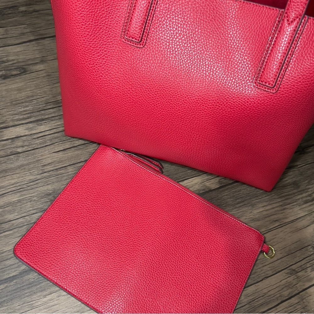Travanti Women's Red Vegan Leather Detachable Zippered Pouch Tote Satchel - Picture 2 of 9